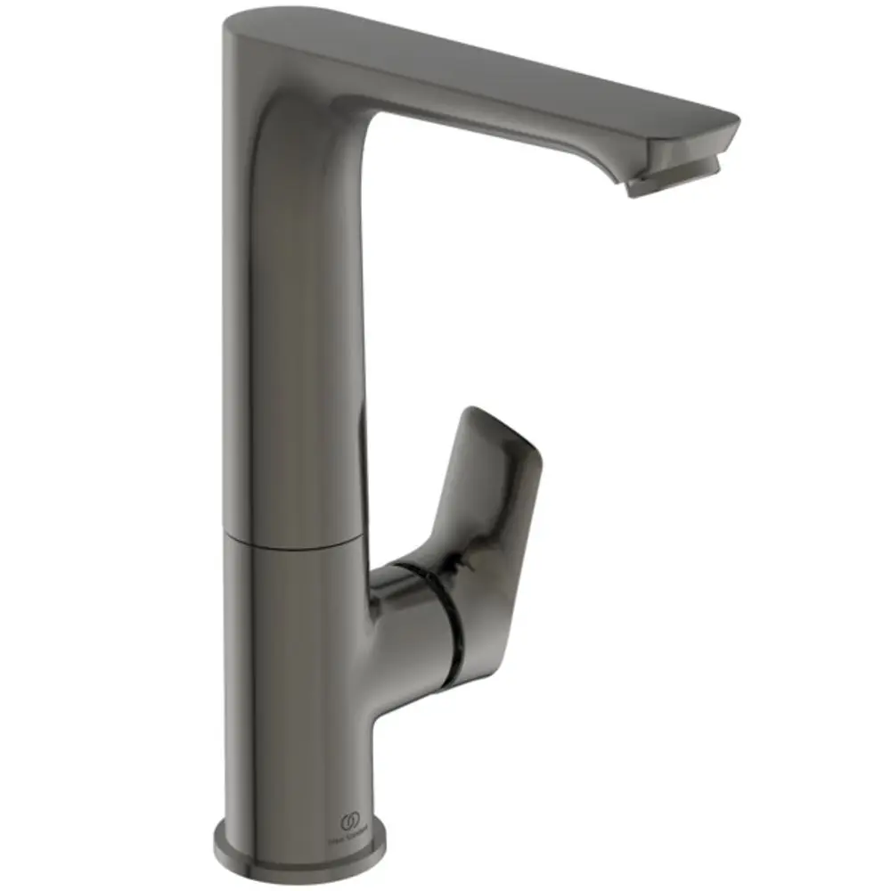 Schwenkbarer Auslaufarmatur in mattem Grau von Ideal Standard, einfacher Bedienhebel, für moderne Waschbeckeninstallationen.